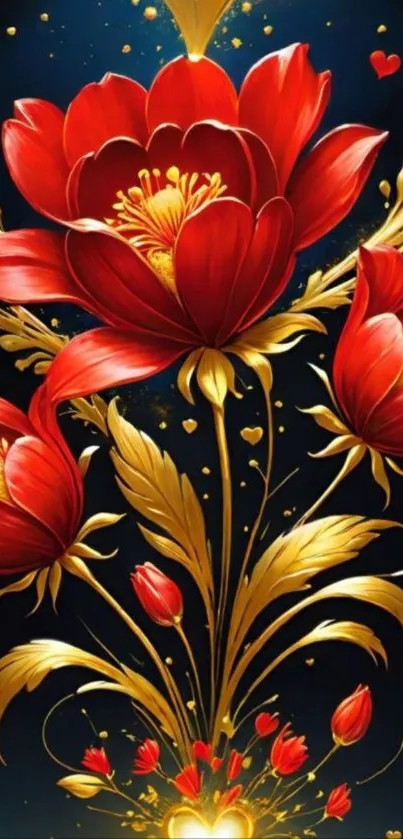 Red and gold floral wallpaper with vibrant blooms and elegant design.