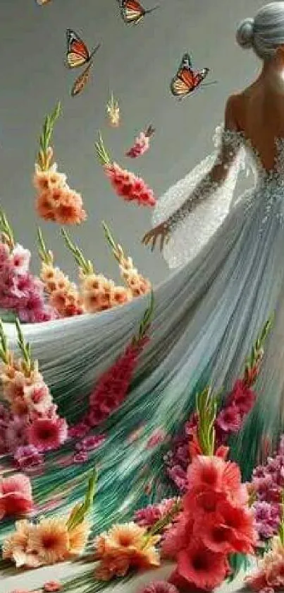 Elegant woman in floral gown with butterflies and vibrant flowers in fantasy art.