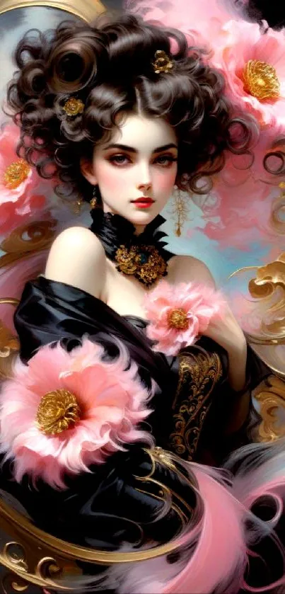 Elegant fantasy art of a woman with pink floral accents.