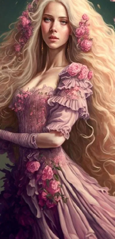 Elegant woman with floral dress fantasy art wallpaper, dusty rose color.