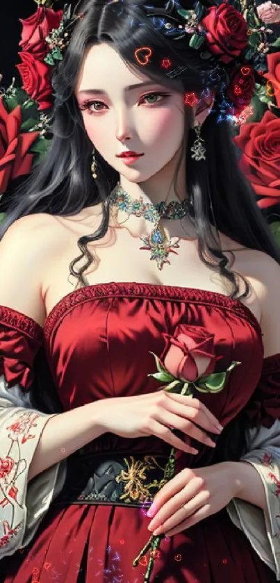 Elegant fantasy character with red roses in vibrant mobile wallpaper.