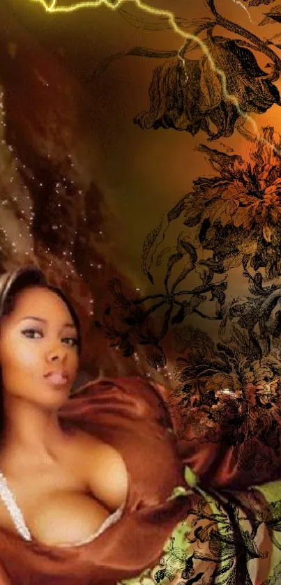 Elegant fantasy art wallpaper with floral and brown tones.