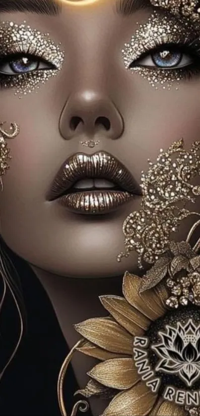 Mystical face with floral designs in fantasy art.
