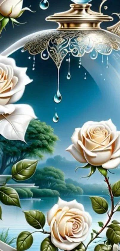 Elegant fantasy art with white roses and serene background.