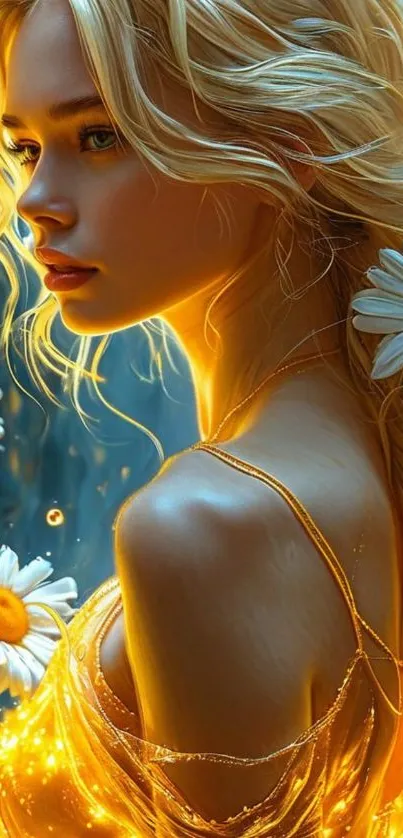 A woman in glowing fantasy setting with flowers in her hair.