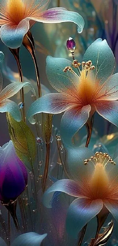 Fantasy flowers in a vibrant teal wallpaper.