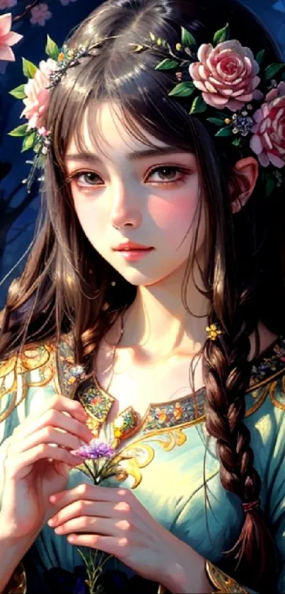 Fantasy art of a girl in floral attire with braided hair and scenic background.