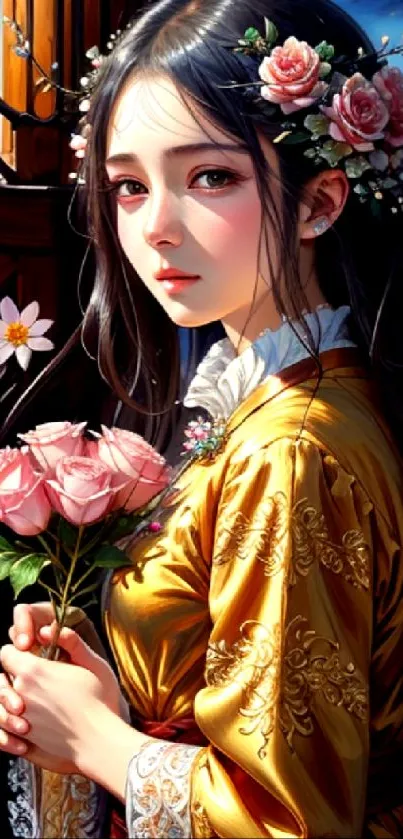 Fantasy art of an elegant woman in a golden dress with flowers, holding pink roses.