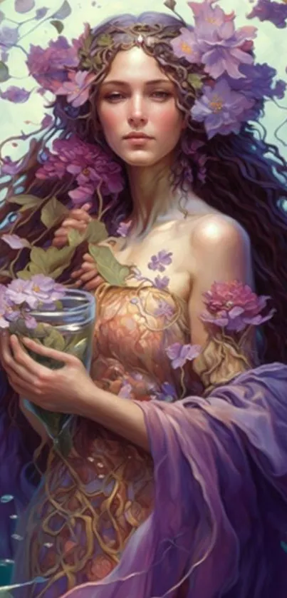 Mystical woman in purple floral artwork, elegant style.