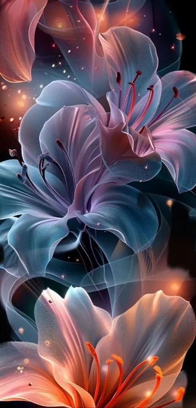 Vibrant floral fantasy art wallpaper with elegant dark background.