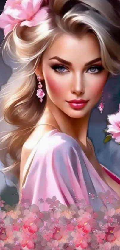 Elegant fantasy woman with pink flowers in digital artwork.