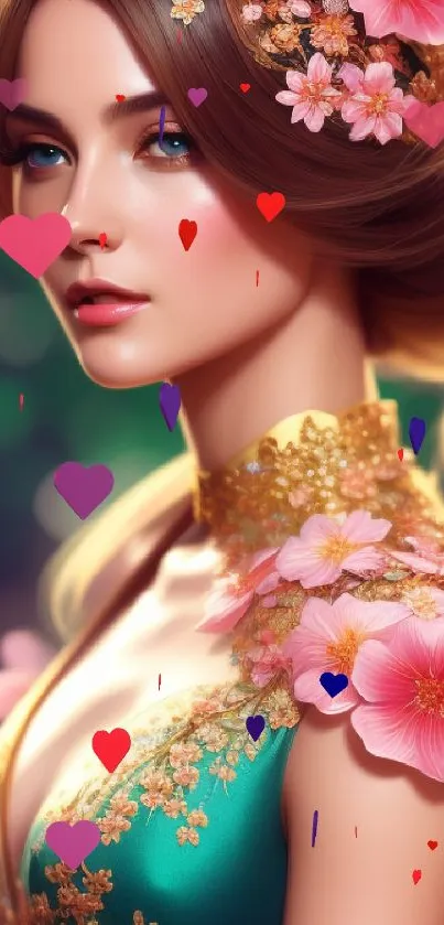 Elegant woman with floral adornments in a fantasy-themed portrait.