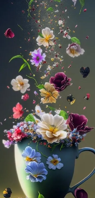 Elegant mobile wallpaper with vibrant flowers cascading from a cup.