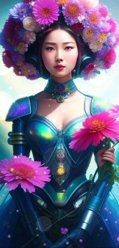 Futuristic woman with floral headpiece in moonlit fantasy artwork.