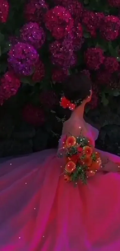 Woman in pink gown amidst vibrant hydrangeas.