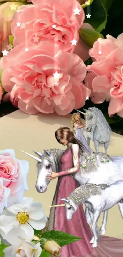 Mobile wallpaper with pink flowers, unicorns, and nature theme.