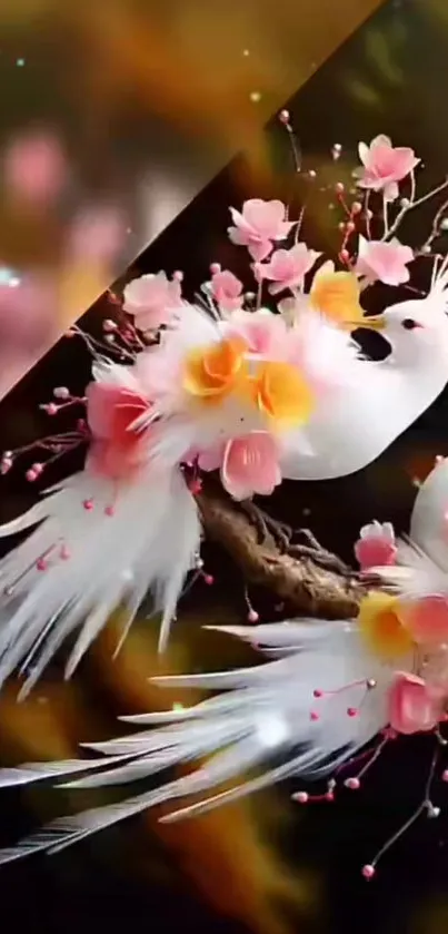 Elegant white birds with pink blossoms on a branch wallpaper.