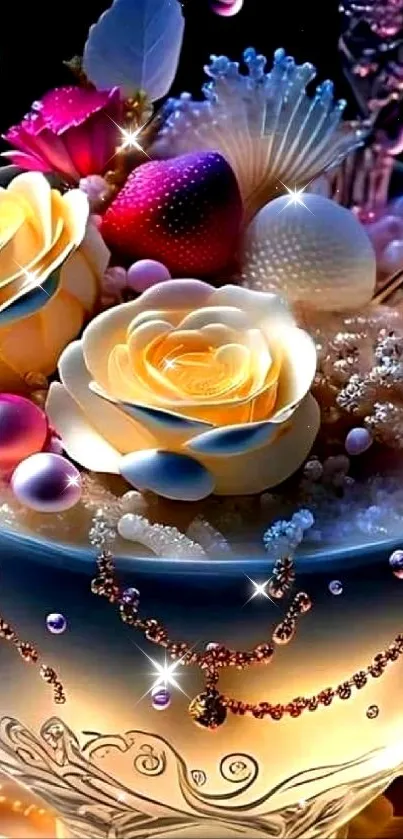 Elegant bowl with yellow roses and pearls on a fantasy-themed wallpaper.