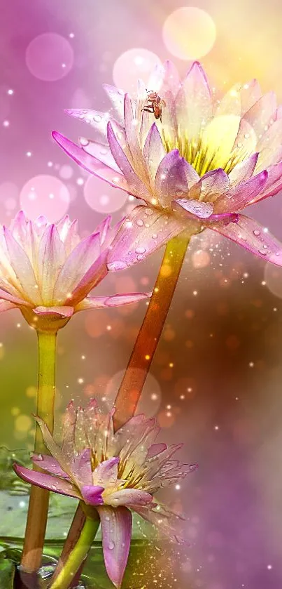 Elegant pink water lilies with mystical glow, perfect as mobile wallpaper.