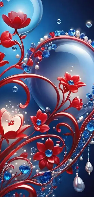 Elegant floral fantasy wallpaper with blue and red hues.