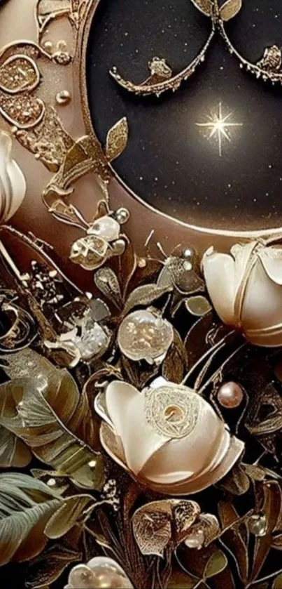 Elegant floral fantasy design with gold accents and detailed flowers.