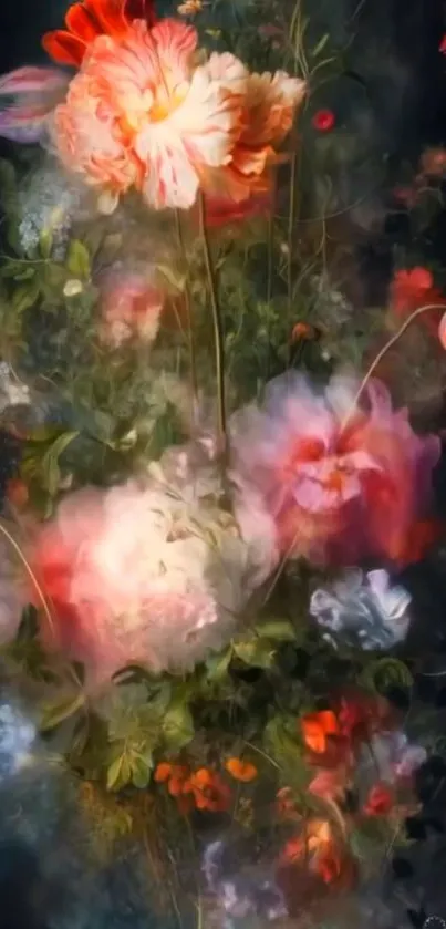 Dreamy floral fantasy wallpaper with vibrant flowers and dark green tones.