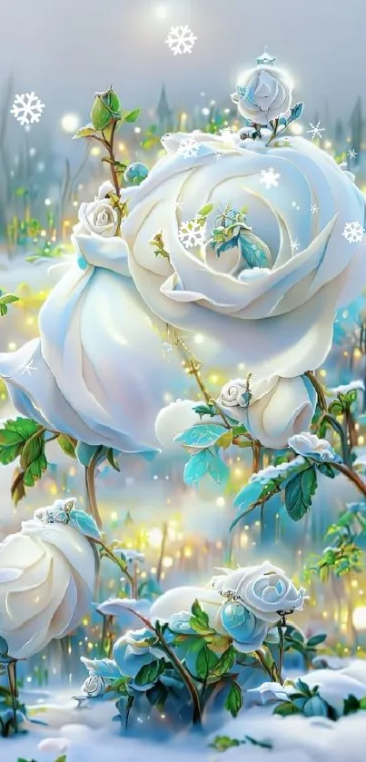 Elegant wallpaper with white roses and magical lighting.