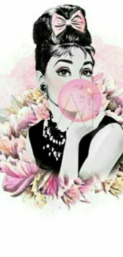 Illustrated woman with floral accents in pink hues, elegant design.