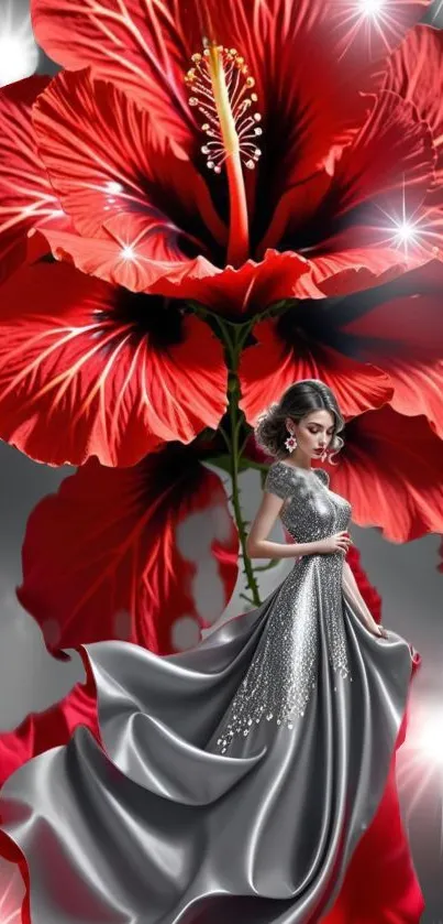 Woman in silver gown with large red flower.