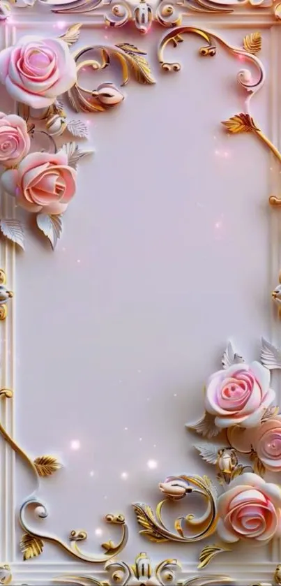 Elegant floral frame wallpaper with roses and gold accents.