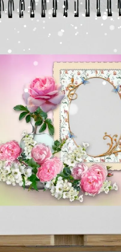 Elegant floral wallpaper with pink roses and an ornate frame, perfect for decor.