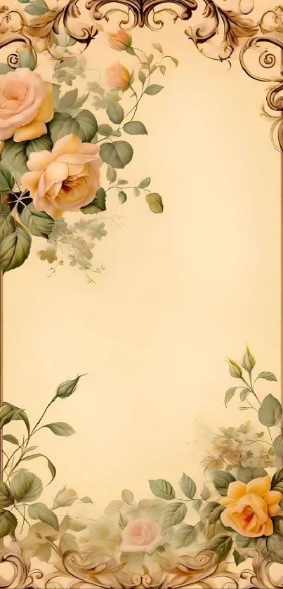 Elegant floral wallpaper with roses and vintage frame design.