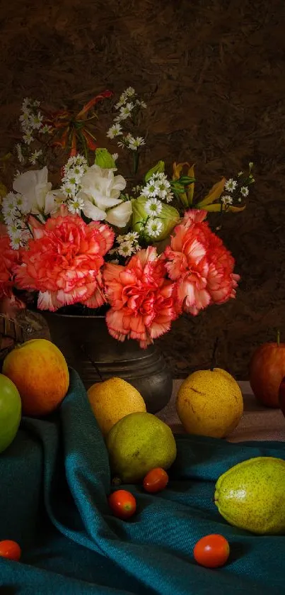Elegant floral and fruit still life wallpaper with dark brown background.