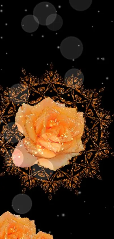 Golden rose on starry black wallpaper with elegant design.