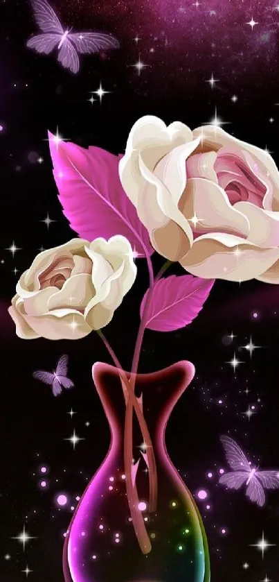 Elegant floral galaxy mobile wallpaper with glowing roses and butterflies.