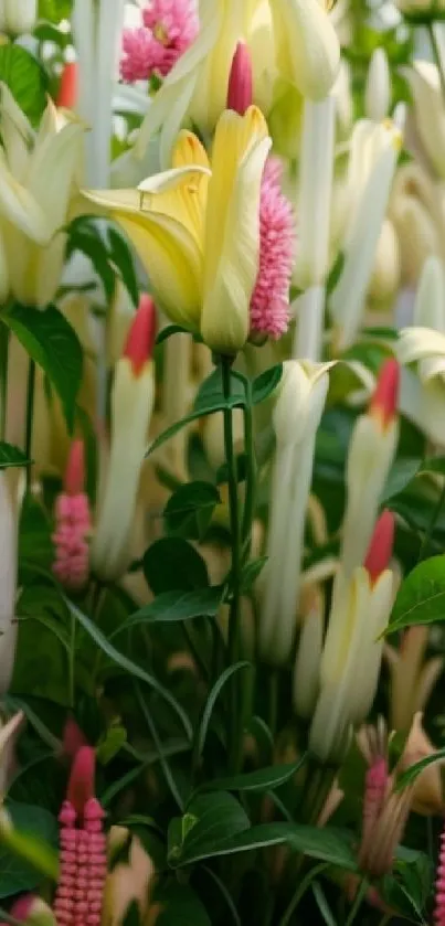 Elegant floral garden with pink and yellow lilies.