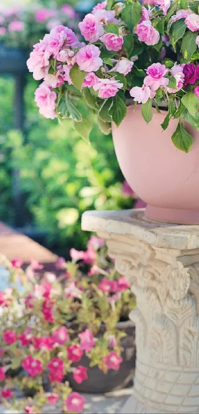 Elegant pink garden wallpaper with flowers in a decorative pot.