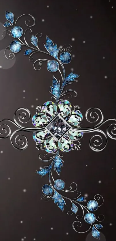 Intricate floral and gem design wallpaper with dark background.