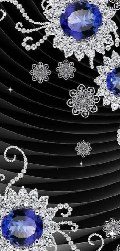 Elegant mobile wallpaper with gems and floral design on black background.