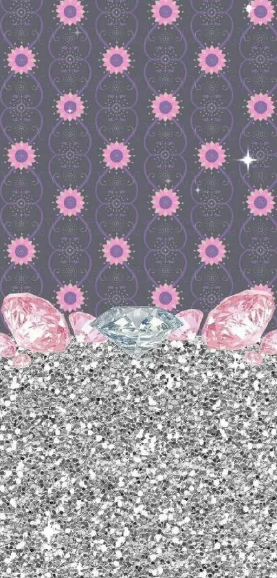 Pink floral and silver glitter wallpaper.