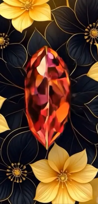 A striking wallpaper with black and yellow flowers and a red gemstone centerpiece.