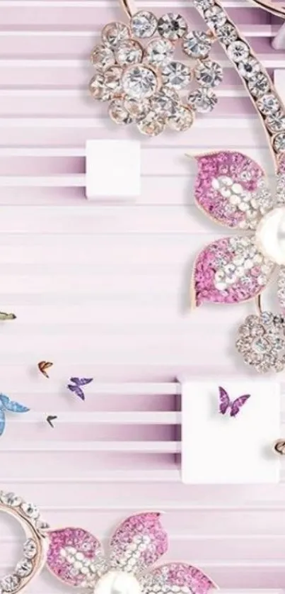 Elegant pink floral gemstone wallpaper with butterflies.