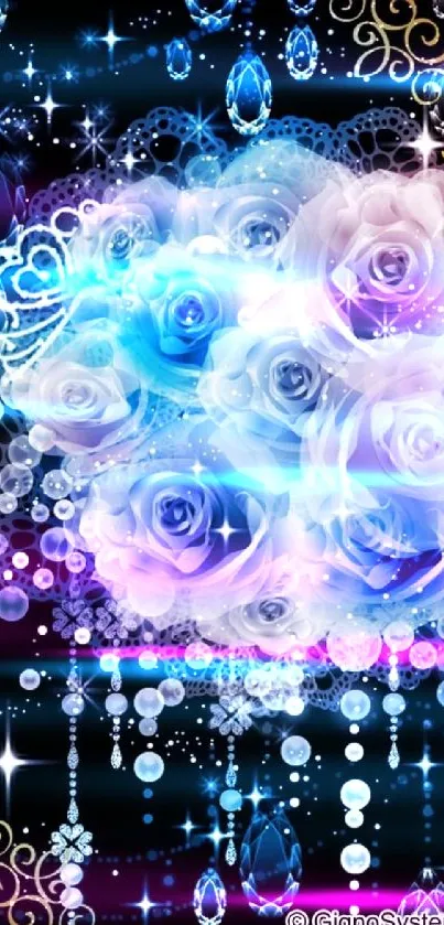 Elegant blue and purple floral wallpaper with gemstones.