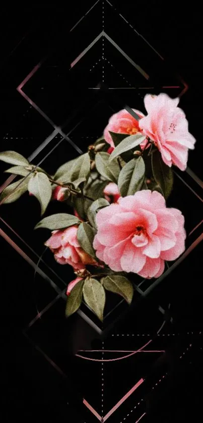 Pink floral bouquet on dark geometric background mobile wallpaper.