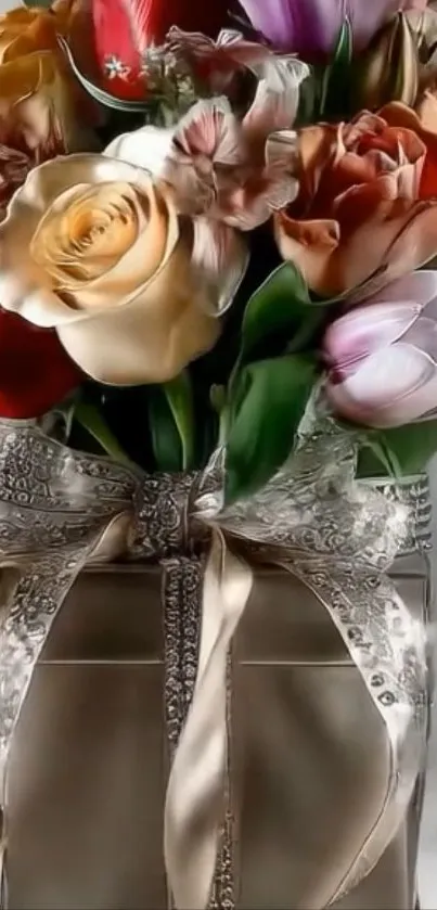 Elegant floral gift box with ornate bow.