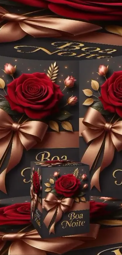 Red roses and golden bows elegant wallpaper.