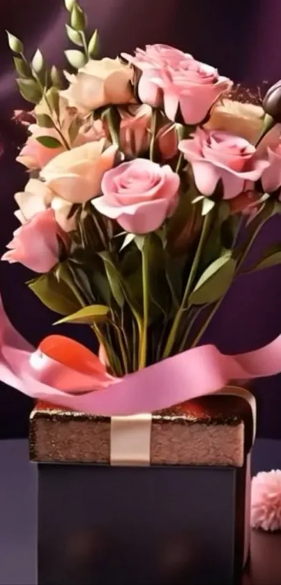 Pink roses bouquet in a gift box with ribbons