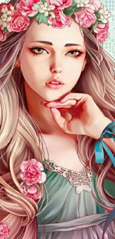 Illustration of a girl with a floral crown and elegant pastel background.