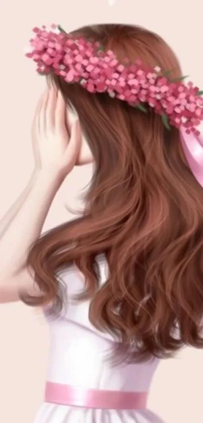 Elegant artistic girl with floral crown and flowing hair in soft pink hues.