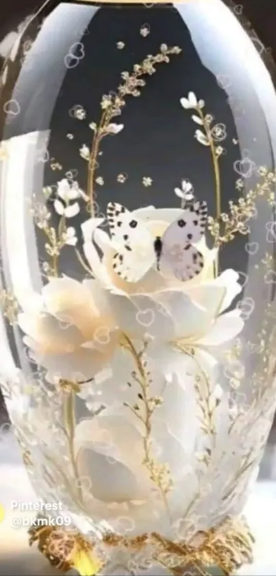 Intricate glass vase with butterflies and floral decorations in gold accents.